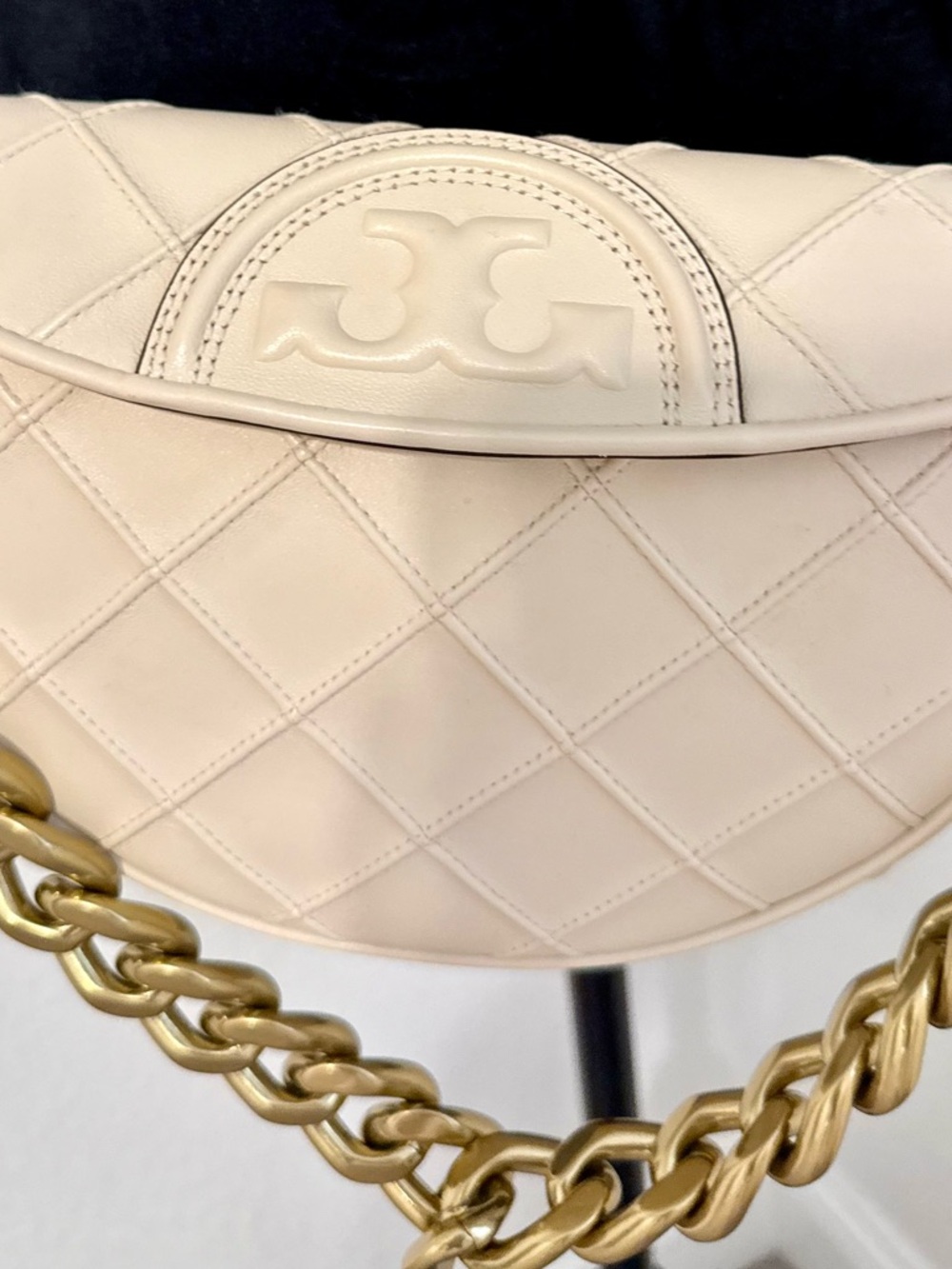 Tory Burch Cream Mini Fleming Crescent Bag with Gold Chain - Picture 9 of 17